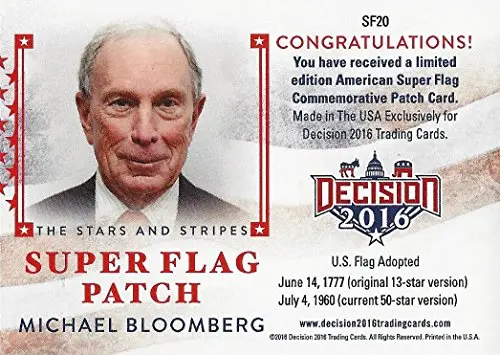 Michael Bloomberg 2016 Leaf Decision God Bless America Super Flag Patch Rare Reverse Flag Gold Parallel Insert Relic Presidential Politics Collectible Trading Card 2
