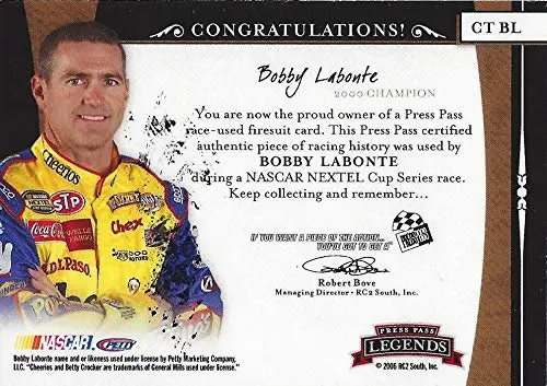 Autographed Bobby Labonte 2006 Press Pass Legends Racing Champion Threads (Race-Used Firesuit) #43 Cheerios Team Relic Insert Signed Nascar Collectible Trading Card With Coa #071/399 2