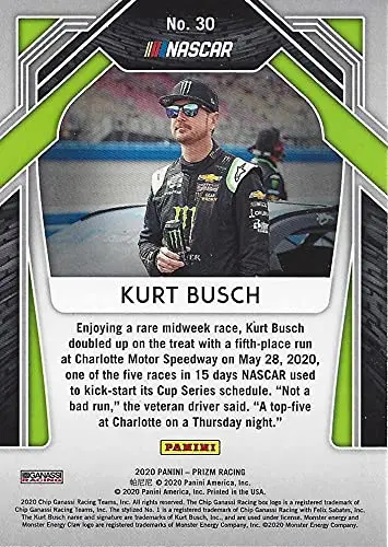 Autographed Kurt Busch 2020 Panini Prizm (#1 Monster Team) Chip Ganassi Racing Monster Cup Series Signed Nascar Collectible Trading Card With Coa 2