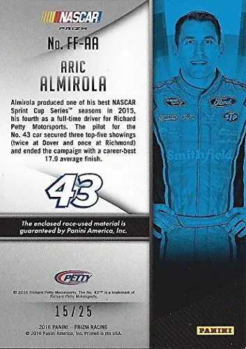 Aric Almirola 2016 Panini Prizm Racing Firesuit Fabrics (2-Color Race Used Patch) #43 Smithfield Signed Insert Collectible Nascar Trading Card #15/25 2