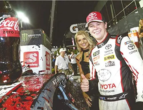 Autographed 2018 Erik Jones #20 Buy A Toyota Racing Coke Zero 400 Daytona Race Win (First Career Victory) Monster Girl Trophy Signed Collectible Picture Nascar 9X11 Inch Glossy Photo With Coa 1
