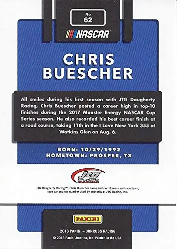 Autographed Chris Buescher 2018 Panini Donruss Racing Rare Press Proof (Jtg Daugherty Team) Monster Cup Series Insert Signed Nascar Collectible Trading Card With Coa #03/99 2