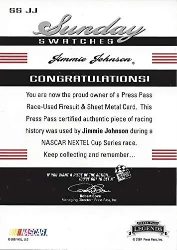Autographed Jimmie Johnson 2007 Press Pass Legends Sunday Swatches Dual Relic (Race-Used Firesuit & Sheetmetal) #48 Lowes Team Insert Signed Nascar Collectible Trading Card With Coa #56/99 2