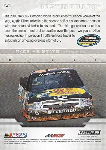 Autographed Austin Dillon 2012 Press Pass Racing (#3 Bass Pro Shops) Rcr Team Camping World Truck Series Signed Nascar Collectible Trading Card With Coa 2