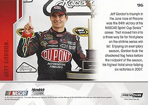 Autographed Jeff Gordon 2012 Press Pass Racing 2011 Highlights Pocono Win (#24 Dupont Team) Hendrick Motorsports Signed Collectible Nascar Trading Card With Coa 2