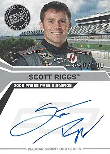 Autographed Scott Riggs 2008 Press Pass Racing Signings Authentic Signature Sprint Cup Series Signed Collectible Nascar Trading Card #028/100 1