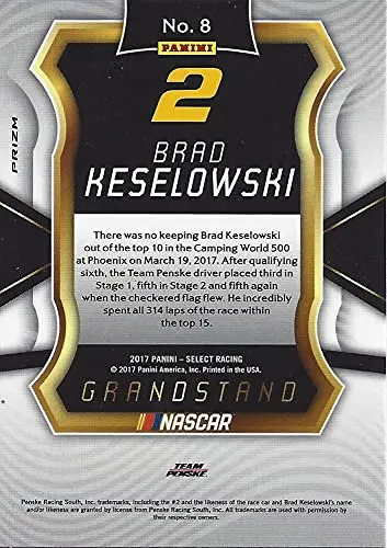 Autographed Brad Keselowski 2017 Panini Select Racing Rare Prizm (#2 Alliance Truck Parts) Team Penske Monster Cup Series Insert Signed Collectible Nascar Trading Card With Coa 2