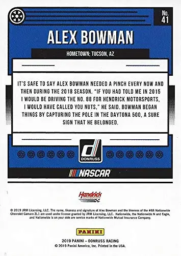 Autographed Alex Bowman 2019 Panini Donruss Racing (#88 Nationwide Team) Hendrick Motorsports Monster Energy Cup Series Signed Collectible Nascar Trading Card With Coa 2