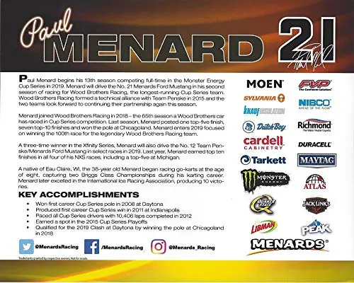Autographed 2019 Paul Menard #21 Sylvania Ford Mustang (Wood Brothers Racing) Monster Energy Cup Series Signed Collectible Picture 8X10 Inch Nascar Hero Card Photo With Coa 2