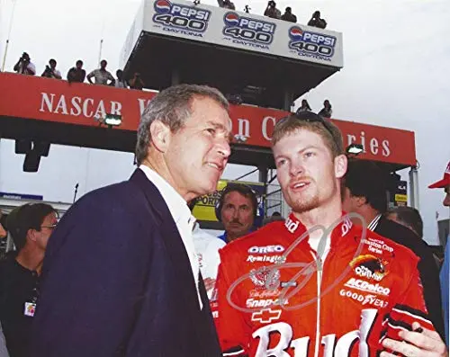 Autographed Dale Earnhardt Jr. #8 Budweiser Talking With President George Bush (Pepsi 400 At Daytona) Winston Cup Series Vintage Signed Collectible Picture 8X10 Inch Nascar Glossy Photo With Coa 1