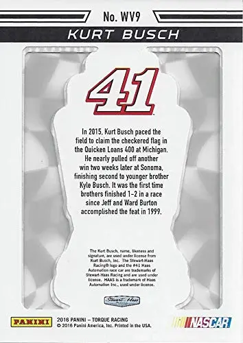 Autographed Kurt Busch 2016 Panini Torque Racing Winning Vision (Michigan Victory) Insert Signed Nascar Collectible Trading Card With Coa 2