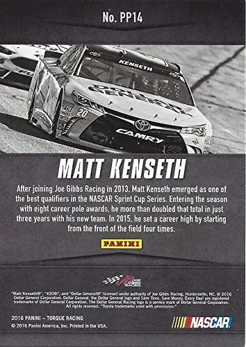 Autographed Matt Kenseth 2016 Panini Torque Racing Pole Position (#20 Dollar General Team) Insert Signed Nascar Collectible Trading Card With Coa 2