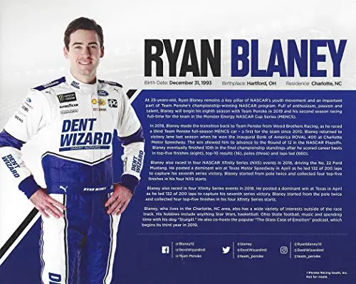 Autographed 2019 Ryan Blaney #12 Dent Wizard Racing (Team Penske) Monster Cup Series Signed Collectible Picture Nascar 8X10 Inch Official Hero Card Photo With Coa 2