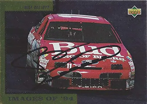 Autographed Bill Elliott 1994 Upper Deck Racing Images Of 1994 (#11 Budweiser Team) Ford Thunderbird Vintage Chrome Signed Nascar Collectible Trading Card With Coa 1
