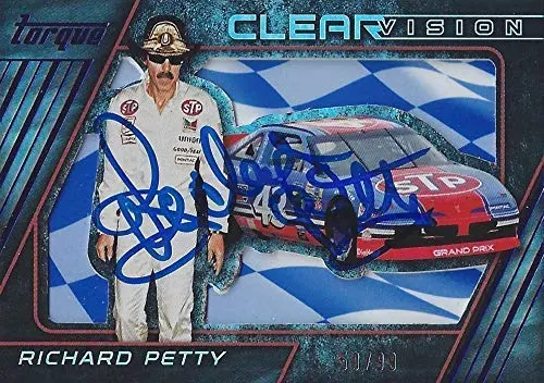 Autographed Richard Petty 2016 Panini Torque Racing Clear Vision (#43 Stp Team) Parallel Insert Signed Collectible Nascar Trading Card #50 Of 99 With Coa And Toploader 1