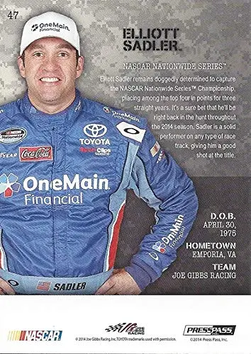 Autographed Elliott Sadler 2014 Press Pass American Thunder Racing (One Main Financial Team) Joe Gibbs Racing Nationwide Series Signed Nascar Collectible Trading Card With Coa 2