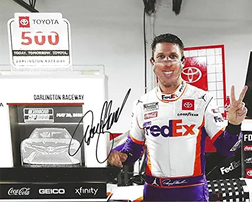 Autographed 2020 Denny Hamlin #11 Fedex Team Darlington Race Win (Victory Lane Celebration) Joe Gibbs Racing Nascar Cup Series Signed Picture 8X10 Inch Glossy Photo With Coa 1