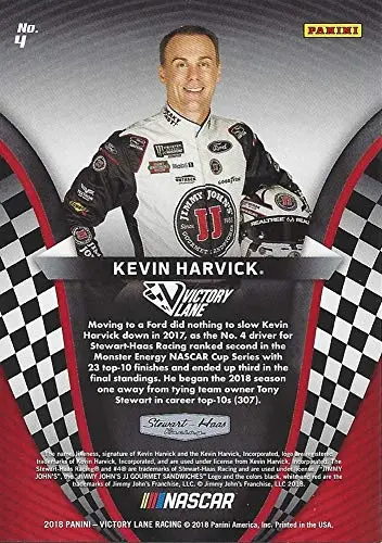 Autographed Kevin Harvick 2018 Panini Victory Lane Racing (#4 Jimmy Johns Team) Monster Cup Series Signed Nascar Collectible Trading Card With Coa 2