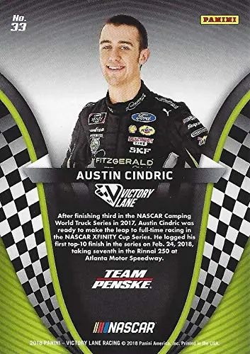 Autographed Austin Cindric 2018 Panini Victory Lane Racing Official Rookie Card (Fitzgerald Penske Team) Xfinity Series Signed Nascar Collectible Trading Card With Coa 2