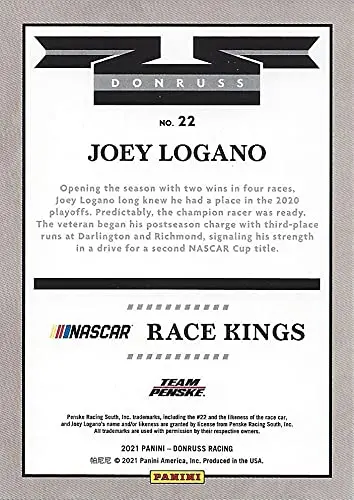 Autographed Joey Logano 2021 Panini Donruss Racing Race Kings (#22 Shell Pennzoil) Team Penske Nascar Cup Series Signed Collectible Trading Card With Coa 2