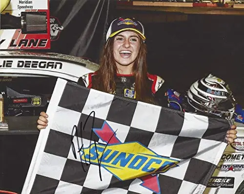 Autographed 2018 Hailie Deegan #19 Mobil 1 Racing Meridian Speedway Race Win (Victory Lane Checkered Flag) K&N Pro Series West Signed Collectible Picture 8X10 Inch Nascar Glossy Photo With Coa 1