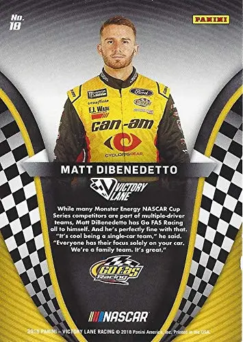 Autographed Matt Dibenedetto 2018 Panini Victory Lane Racing (Gofas Race Team) Monster Energy Cup Series Signed Nascar Collectible Trading Card With Coa 2