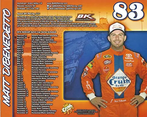 Autographed 2016 Matt Dibenedetto #83 Orange Crush Soda Toyota Team (Bk Racing) Sprint Cup Series Extremely Rare Signed Collectible Picture 8X10 Inch Nascar Hero Card Photo With Coa 2