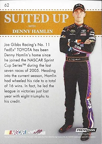 Autographed Denny Hamlin 2011 Press Pass Premium Racing Suited Up (#11 Fedex Express Team) Joe Gibbs Toyota Signed Nascar Collectible Trading Card With Coa 2
