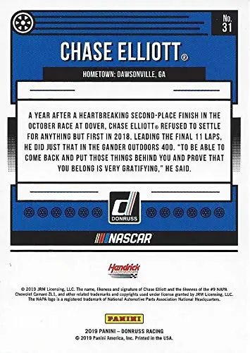 Autographed Chase Elliott 2019 Panini Donruss Racing (#9 Napa Auto Parts Team) Hendrick Motorsports Monster Cup Series Signed Collectible Nascar Trading Card With Coa 2