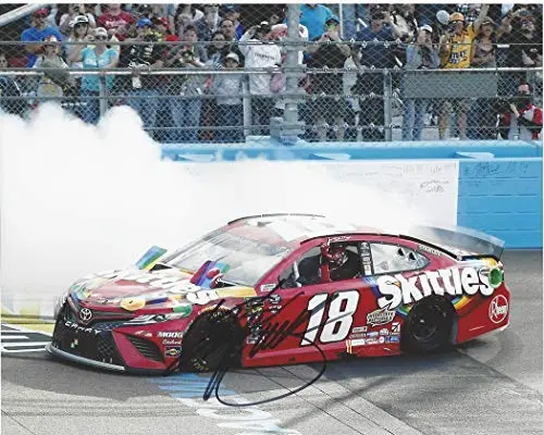 Autographed 2019 Kyle Busch #18 Skittles Toyota Phoenix Race Win (Victory Burnout) Joe Gibbs Racing Monster Cup Series Signed Collectible Picture 8X10 Inch Nascar Glossy Photo With Coa 1