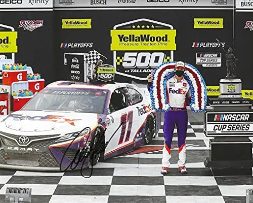 Autographed 2020 Denny Hamlin #11 Fedex Team Talladega Race Win (Yellawood 500 Playoff Race) Joe Gibbs Racing Nascar Cup Series Signed Picture 8X10 Inch Glossy Photo With Coa 1