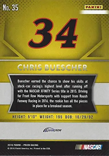 Autographed Chris Buescher 2016 Panini Prizm Racing Official Rookie Card (#34 Loves Team) Sprint Cup Series Signed Nascar Collectible Trading Card With Coa 2
