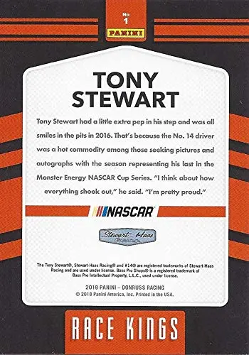 Autographed Tony Stewart 2018 Panini Donruss Racing Race Kings (#14 Bass Pro Shops Team) Insert Signed Nascar Collectible Trading Card With Coa 2