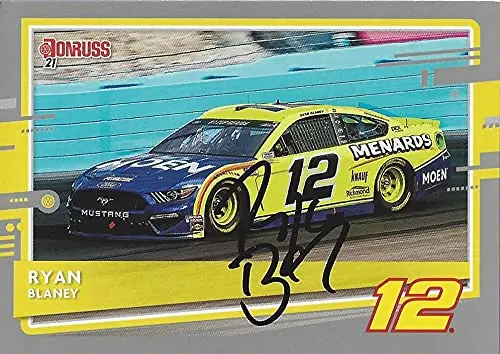 Autographed Ryan Blaney 2021 Panini Donruss Racing (#12 Menards Ford Mustang) Team Penske Gray Parallel Signed Nascar Collectible Trading Card With Coa 1
