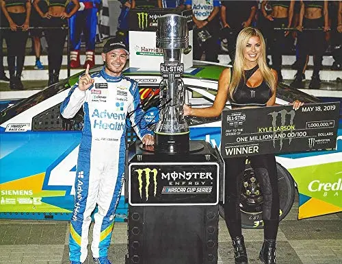 Autographed 2019 Kyle Larson #42 Advent Health Team All-Star Race Win (Victory Lane Trophy Presentation) Monster Energy Cup Series Signed Collectible Picture Nascar 9X11 Inch Glossy Photo With Coa 1