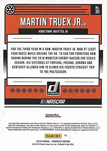 Autographed Martin Truex Jr. 2019 Panini Donruss Racing (#78 Bass Pro Shops Team) Monster Cup Series Signed Nascar Collectible Trading Card With Coa 2