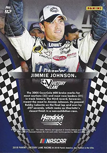 Autographed Jimmie Johnson 2018 Panini Victory Lane Racing Past Winners (2005 Coca Cola 600) Hendrick Motorsports Insert Signed Nascar Collectible Trading Card With Coa 2