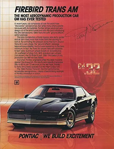 Autographed Paul Newman 1984 Firebird Trans Am (Pontiac We Build Excitement) Vintage Legendary Racer & Actor 9X11 Inch Magazine Page With Coa 1