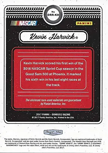 Autographed Kevin Harvick 2017 Panini Donruss Racing Rubber Relics (Dual Race-Used Tire) #4 Jimmy Johns Team Insert Signed Nascar Collectible Trading Card With Coa 2