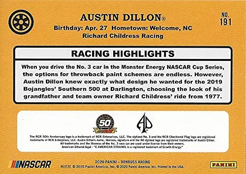 Autographed Austin Dillon 2020 Panini Donruss Blue Parallel (#3 American Ethanol) Richard Childress Racing Rare Insert Signed Nascar Collectible Trading Card With Coa #115/199 2