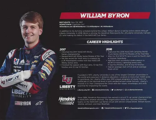Autographed 2018 William Byron #24 Liberty University Racing (Hendrick Motorsports Camaro) Monster Energy Cup Series Signed Picture 9X11 Inch Nascar Hero Card Photo With Coa 2