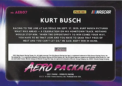 Autographed Kurt Busch 2021 Panini Donruss Aero Package Prizm (#1 Monster Team) Chip Ganassi Racing Monster Cup Series Rare Insert Signed Nascar Collectible Trading Card With Coa #039/199 2