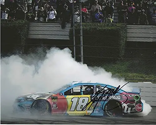Autographed 2019 Kyle Busch #18 M&Ms Hazelnut Spread Pocono Race Win (Victory Burnout) Tricky Triangle Joe Gibbs Racing Signed Picture 8X10 Inch Nascar Glossy Photo With Coa 1