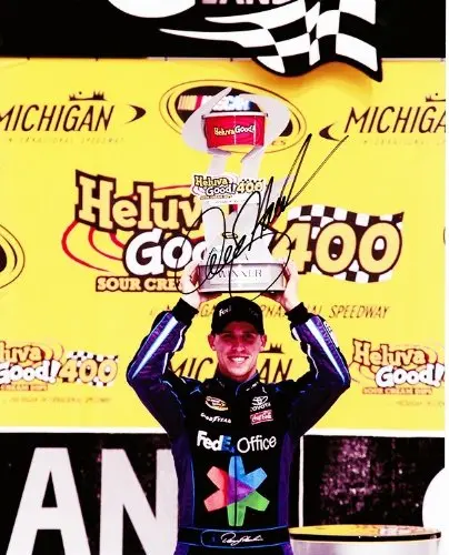 Autographed Denny Hamlin 2011 Fedex Racing (Gibbs) Michigan Winner Trophy Signed Nascar 8X10 Glossy Photo With Coa 1