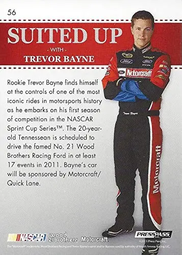 Autographed Trevor Bayne 2011 Press Pass Premium Racing Suited Up (#21 Motorcraft Team) Wood Brothers Rookie Signed Nascar Collectible Trading Card With Coa 2