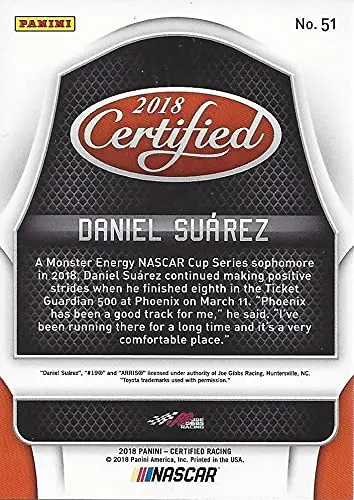 Autographed Daniel Suarez 2018 Panini Certified (#19 Arris Team) Joe Gibbs Racing Monster Cup Series Signed Nascar Collectible Trading Card With Coa 2