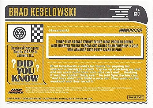 Autographed Brad Keselowski 2019 Panini Donruss Racing (#2 Miller Lite) Team Penske Monster Cup Series Signed Collectible Nascar Trading Card With Coa 2
