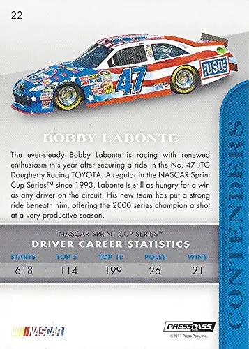 Autographed Bobby Labonte 2011 Press Pass Premium Racing Contenders (#47 Kingsford Grilling) Jtg-Daugherty Racing Sprint Cup Series Signed Nascar Collectible Trading Card With Coa 2