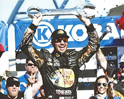 Autographed 2017 Martin Truex Jr. #78 Bass Pro Shops Las Vegas Race Win (Victory Lane Trophy Celebration) Monster Cup Series Signed Collectible Picture Nascar 8X10 Inch Glossy Photo With Coa 1