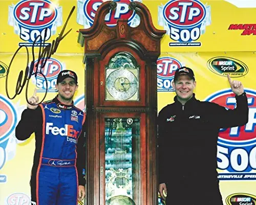 Autographed 2015 Denny Hamlin #11 Fedex Express Racing Martinsville Win (Grandfather Clock Trophy) 8X10 Signed Picture Nascar Glossy Photo With Coa 1